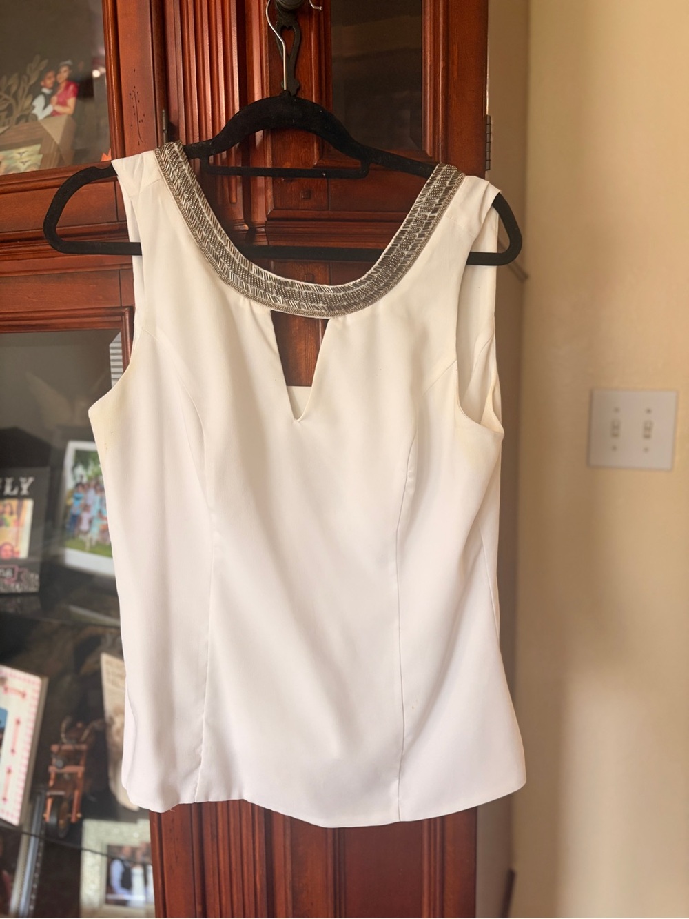 XOXO White Sleeveless Top with Silver Beaded Neckline